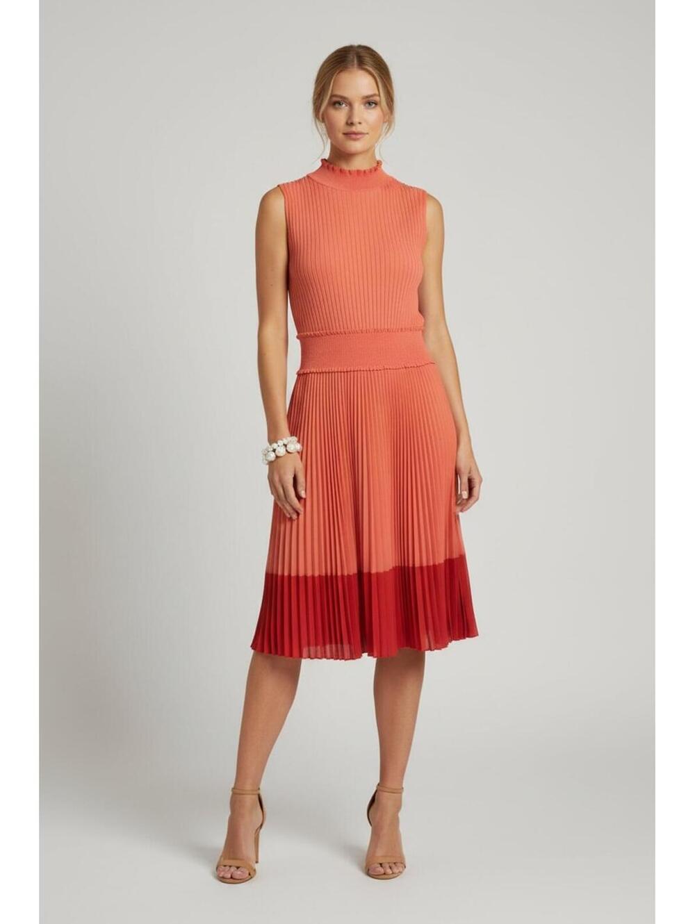 Nanette Lepore Smocked Mock Neck Pleated Sleeveless Midi Dress Coral/Red, Size 2